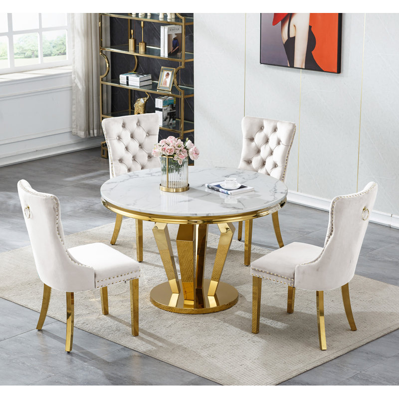 Round Dining Table Set, White Faux Marble Dining Table & Velvet Chairs with Stainless Steel Pedestal, 44.88" Dining Room Table and Chairs Set,  Circle Dining Table Set