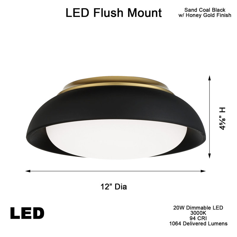 Acrylic LED Flush Mount, 4.63'' H x 12'' W x 12'' D, Coal/Gold