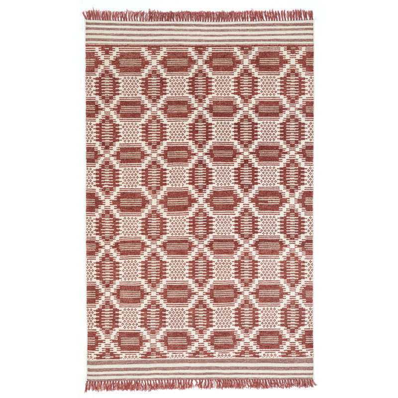 Tapis rouge / blanc noué à la main Bovins, Rectangle 5 pi x 8 pi