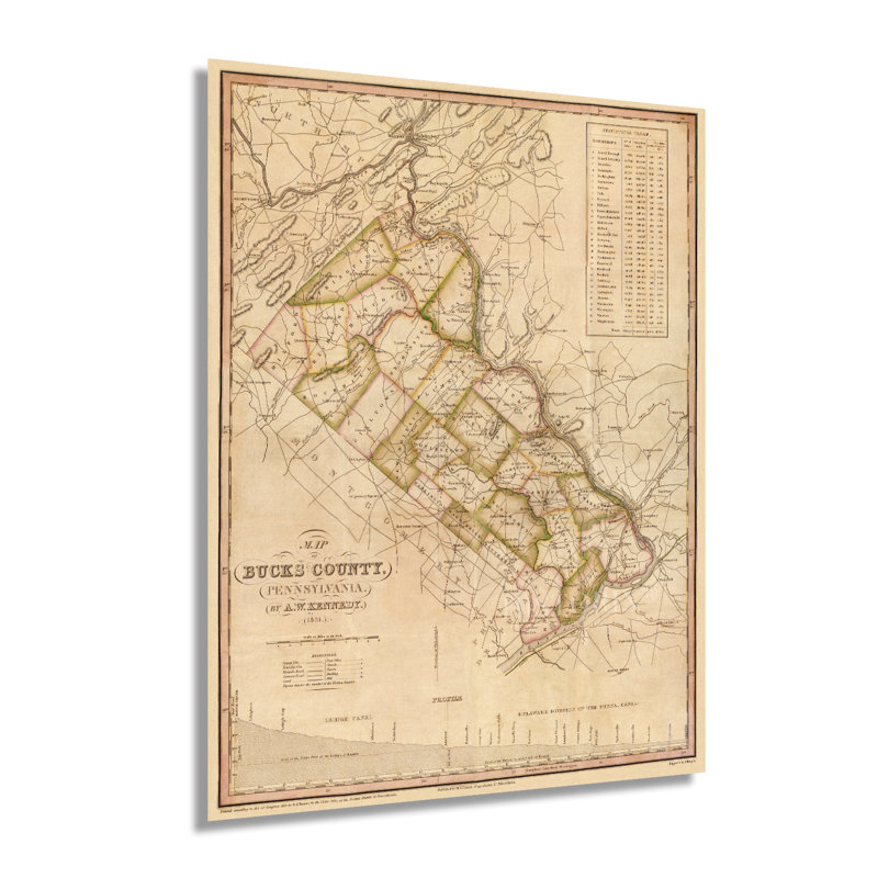 1831 Bucks County Pennsylvania Map, art mural, H 32 po x l 24 po x P 0,1 po