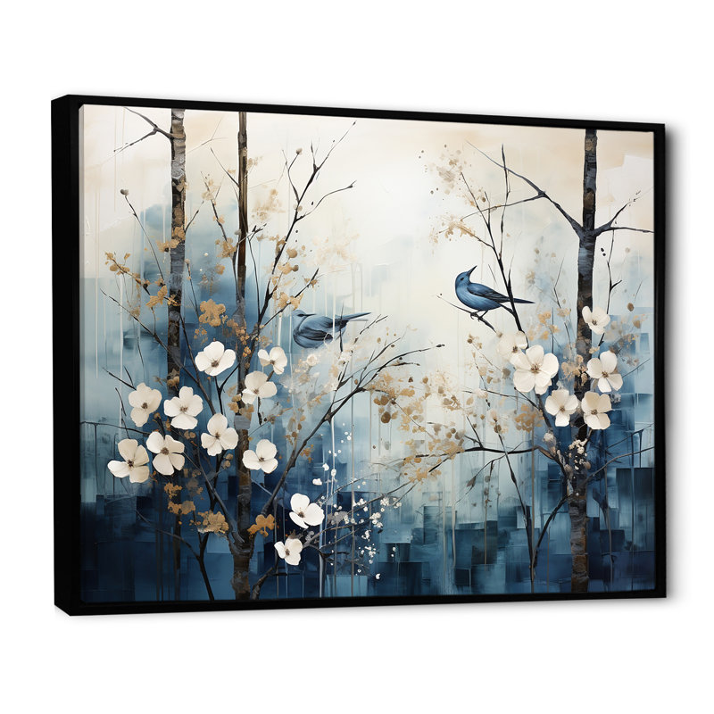 «Blue and White Forest Winter Harmony I», art mural sur toile, Cadre flottant noir, H 30 po x l 40 po x P 1,5 po