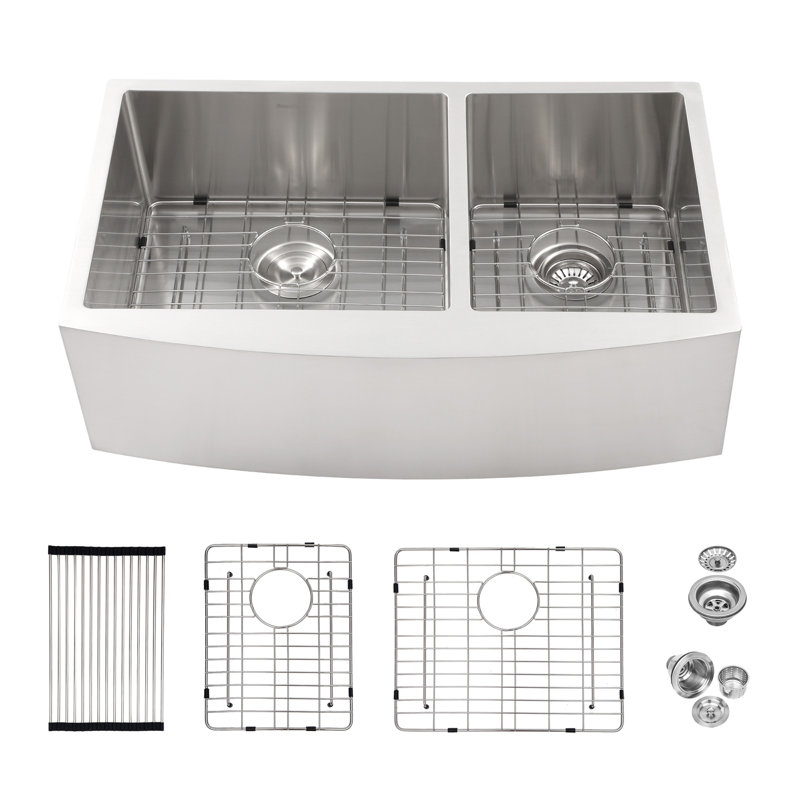Évier de cuisine à double cuve (60/40) - Évier de cuisine à tablier frontal en acier inoxydable de calibre 16 avec deux cuves profondes de 10 po x 21 po x 10 po