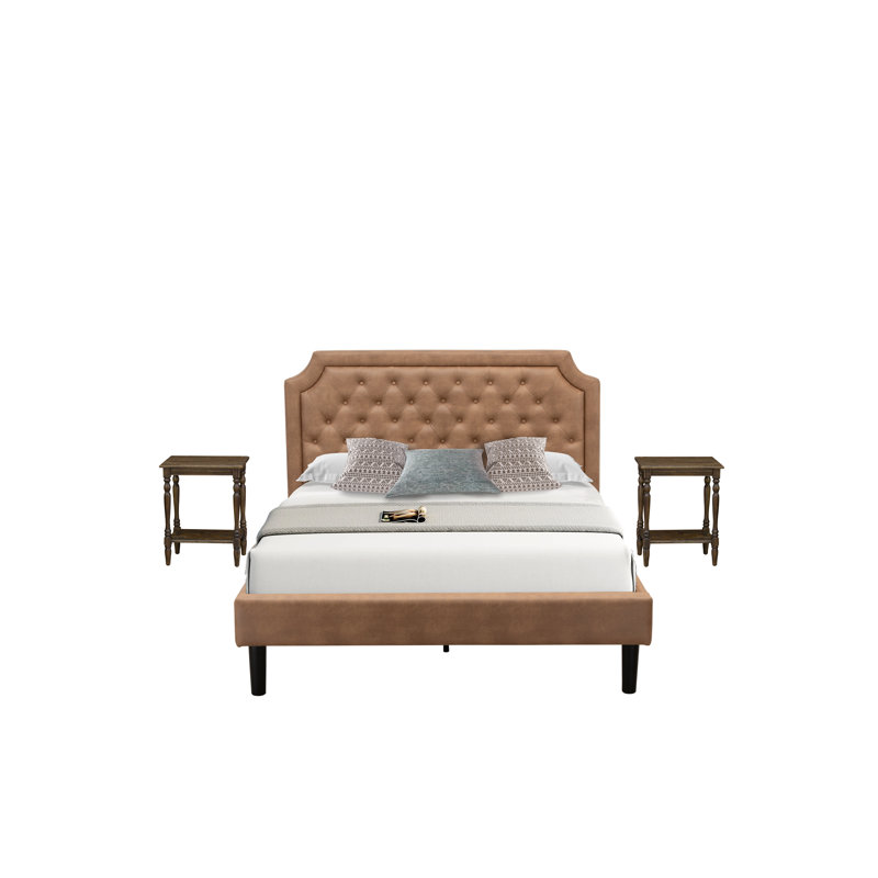 3-Pc Wooden Set for Bedroom with Button Tufted Queen Size Frame and 2 Distressed Jacobean Mid Century Nightstands - Brown faux Leather with Brown Texture and Black Legs
