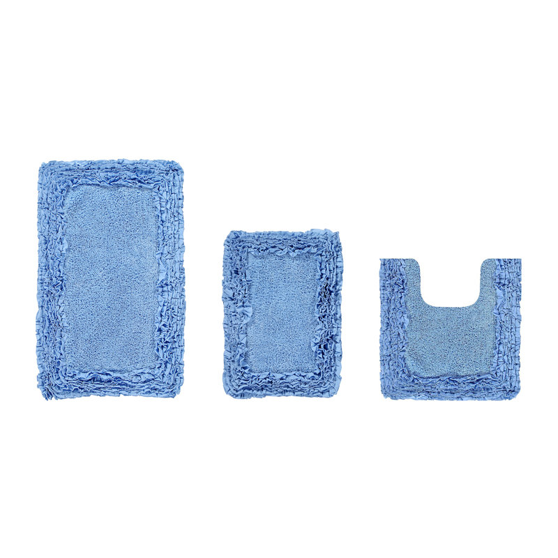 Ensemble de tapis pour salle de bain 100% coton 1775 g / m² 3 pièces Courson, certifié OEKO-TEX®, envers en latex antidérapant, motif de volants touffetés moelleux, super absorbant, tapis de salle de bain lavables à la machine, bleu