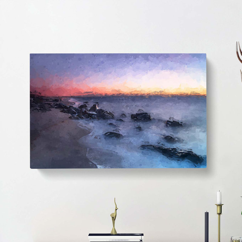 Ocean Reaching The Beach At Sunset In Abstract - Wrapped Canvas Painting, 40cm H x 60cm W x 3cm D