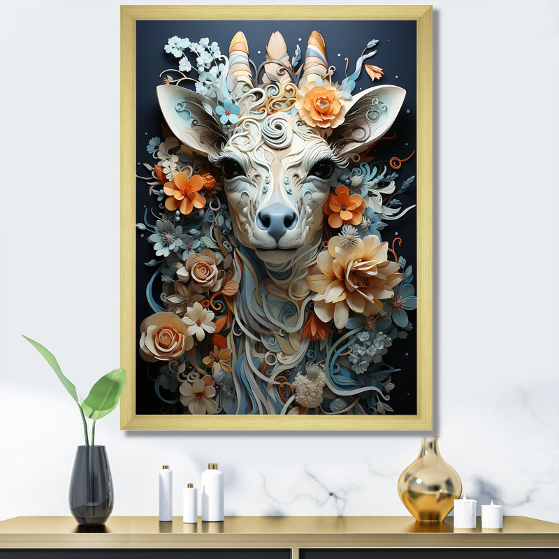 Girafe grise surré - Savane, Cadre doré simple, H 20 po x l 12 po x P 1 po