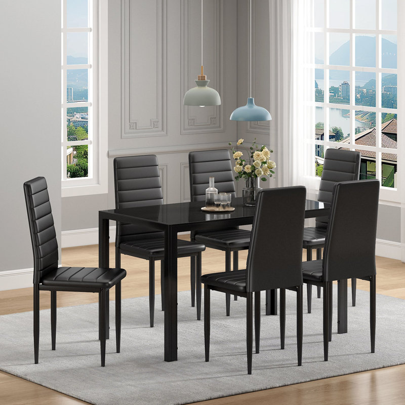 7-Piece Modern Design Timeless Kitchen Dining Glass Table And Chair Sets, Black