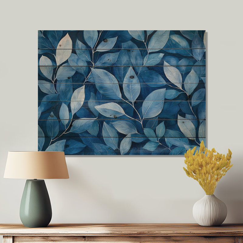 Feuillage indigo collage I - impression sur bois de feuilles - sur bois de pin naturel, H 34 po x l 44 po
