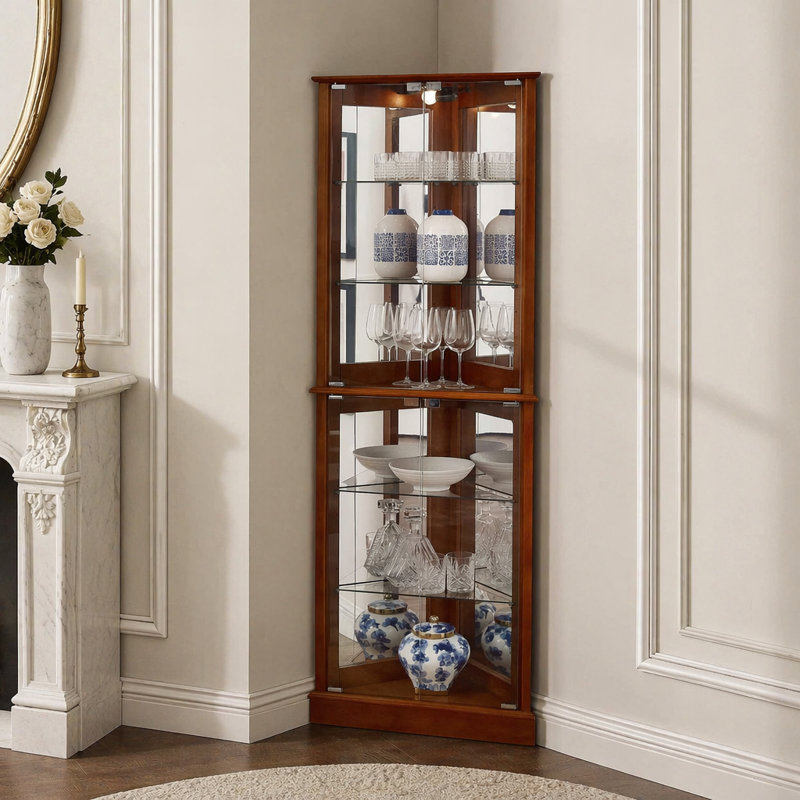Armoire de coin avec lumières, tablettes réglables en verre trempé, dossier miroir