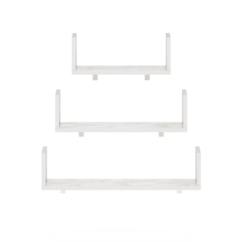 Flem 3 Piece Wall Mounted Floating Display Shelves with Invisible Brackets, Marble White