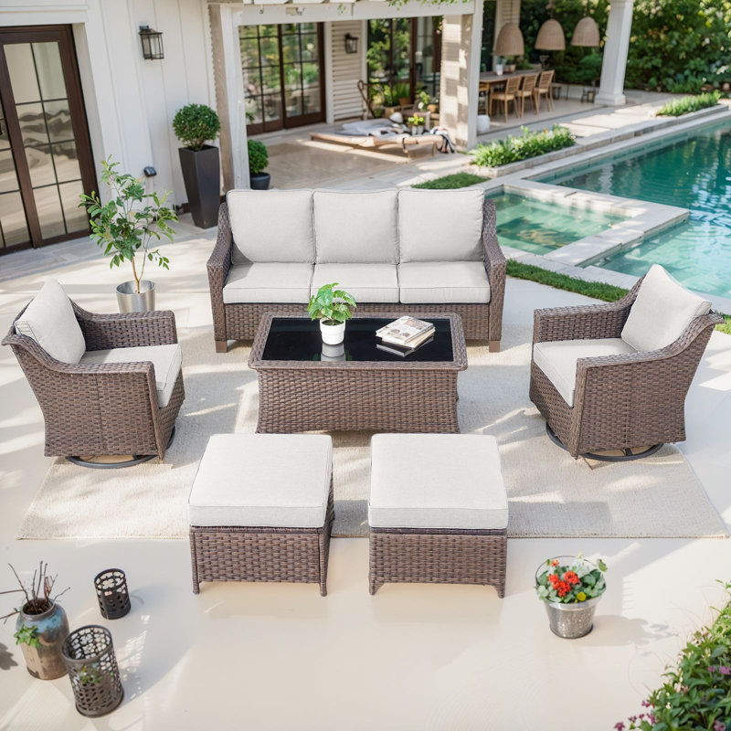 Jenesys 6-Piece Outdoor Wicker Furniture Set With Sofa, Swivel Chairs & Coffee Table, Beige
