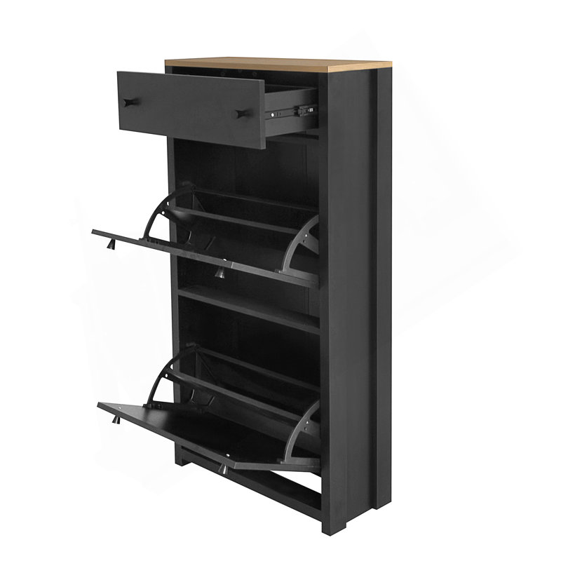 Functional Entryway Organizer With 2 Flip Drawers, Wood Grain Pattern Top Shoe Cabinet With Drawer, Free Standing Shoe Rack With Adjustable Panel For Hallway