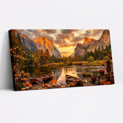 Tableau sur toile tendue représentant un paysage d'automne avec montagnes, lac et bateaux (lot de 1)