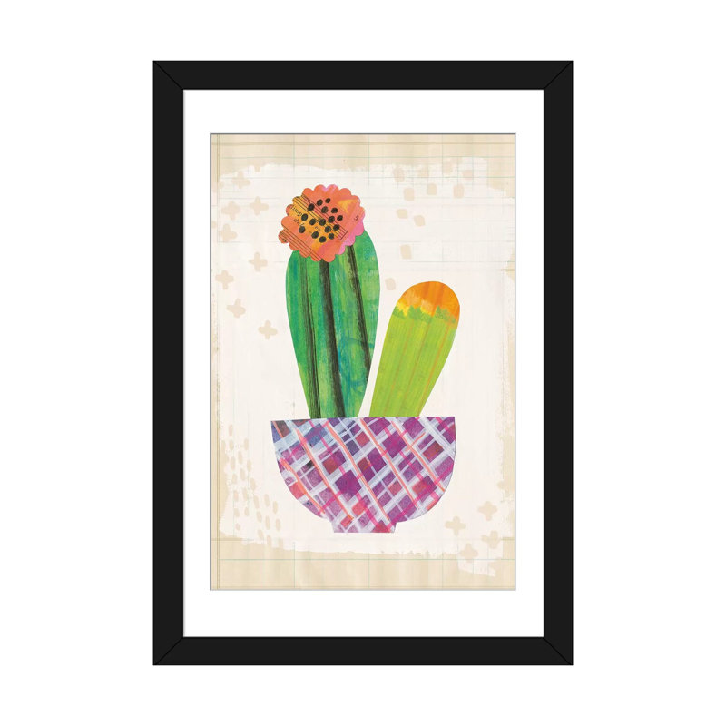 «Collage Cactus II.A», impression sur toile tendue, H 24 po x l 16 po x P 1 po, Papier d'art encadré noir, Blanc