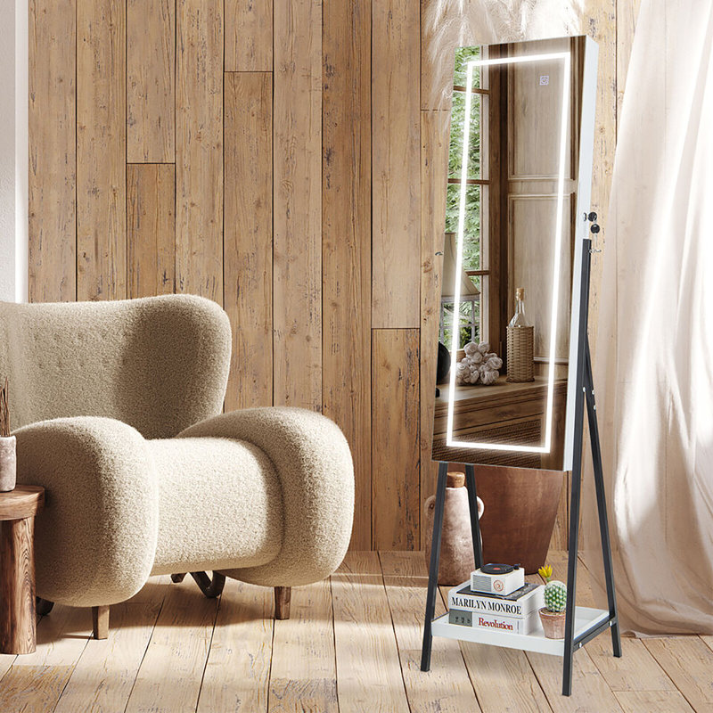 Armoire à bijoux avec miroir à DEL 3 couleurs Wrought Studio ™ avec brun clair rustique intégré, Blanc