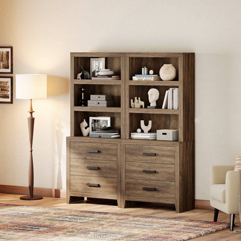 74" Tall Bookbookshelf, Large Farmhouse Bookcase With 3 Drawers Set Of 2, Wood Bookshelves Storage Cabinets For Living Room, Home Office, Library, Brown