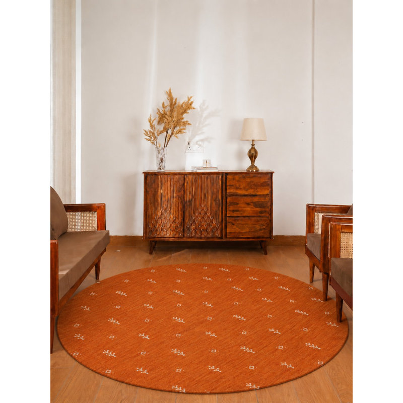 Tapis en laine nouée à la main et à la main Ownby, Orange/Blanc, Rond 8 pi
