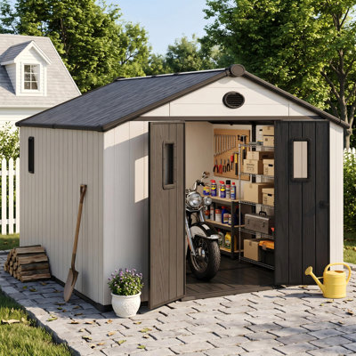 10 x 10 FT Resin Outdoor Storage Shed with Windows and Lockable Door, Plastic Garden Shed with Floor for Lawn Mower, Bikes, Pool Supplies and Tools