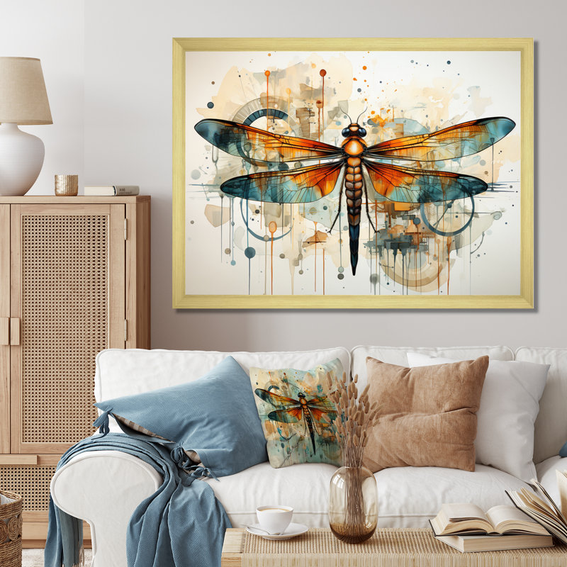 «Orange Dragonfly Insectes Flight Geometric II», reproduction sur toile, H 12 po x l 20 po x P 1 po, Encadrement doré