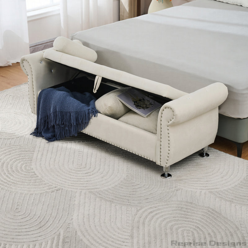 62-Inch Velvet Storage Bench with Crystal Buttons and Safety Hinge, Beige