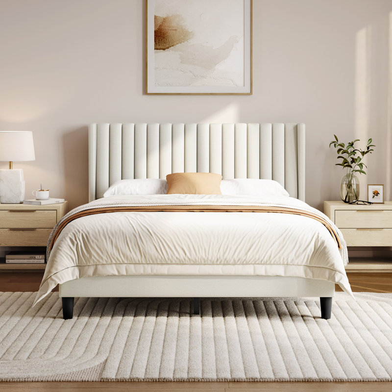 Upholstered Bed Frame with Channel Tufted Headboard, Queen, Ivory