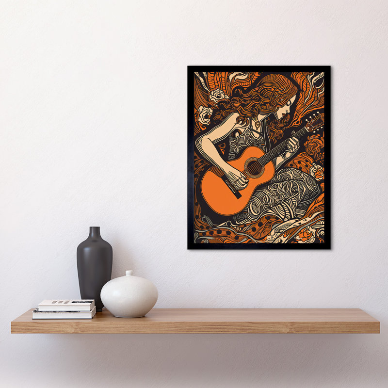 Emiljan Woman Playing Guitar Music In Rose Flower Field - Single Picture Frame Print