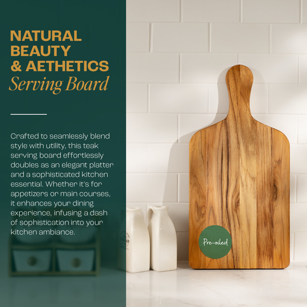 Anders Teak Wood Serving Tray with Handle Millwood Pines