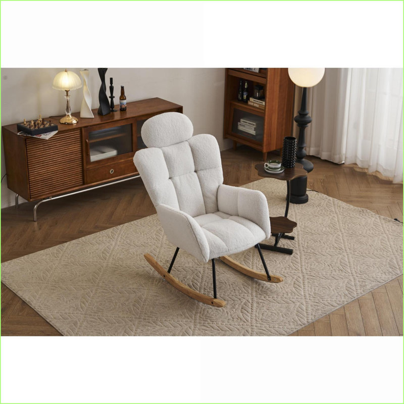 Fauteuil à bascule moderne en tissu avec dossier haut Coussin, ivoire | Ours en peluche | Mousse