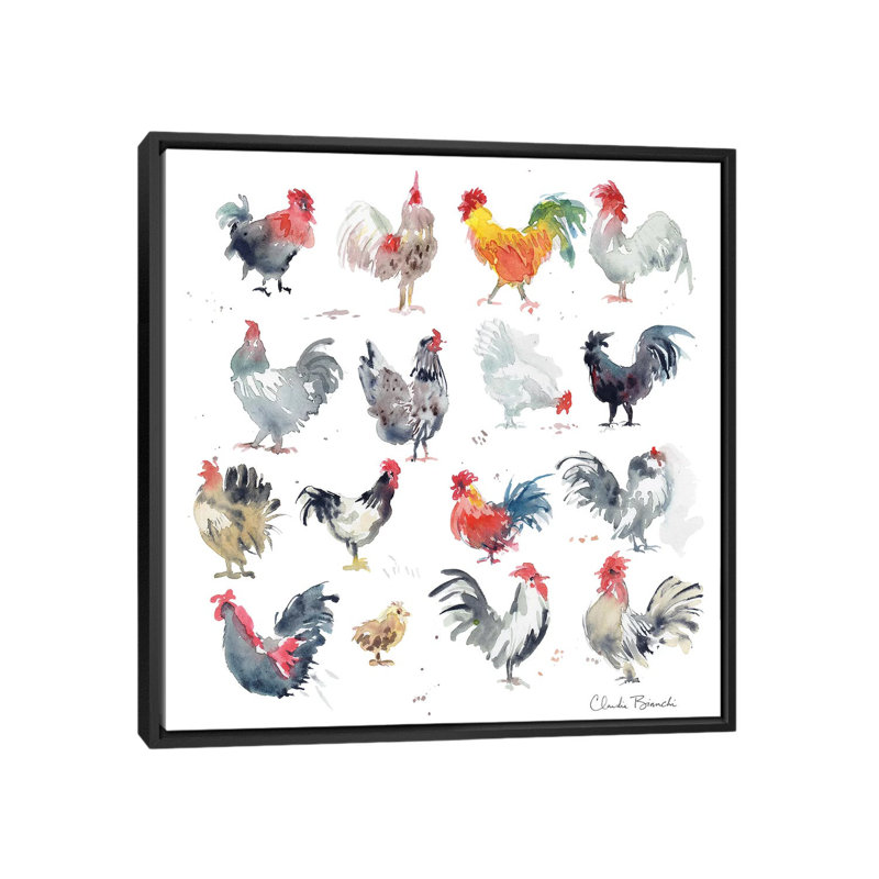 Mini Chickens by Claudia Bianchi - Painting, No Matte, 37" H x 37" W x 1.5" D, Black Framed