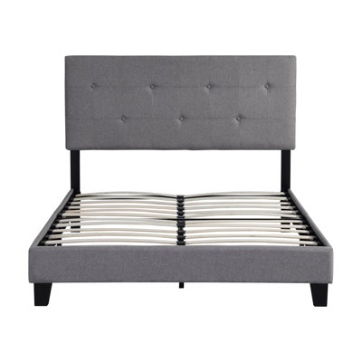 Grey Queen Size Bed With Linen Headboard, Button , No Box Spring, Wood Slat Support, Easy Assembly, 65.16 In. Package Depth Appropriate Modern Bed, Headboard Tufting, Assembly