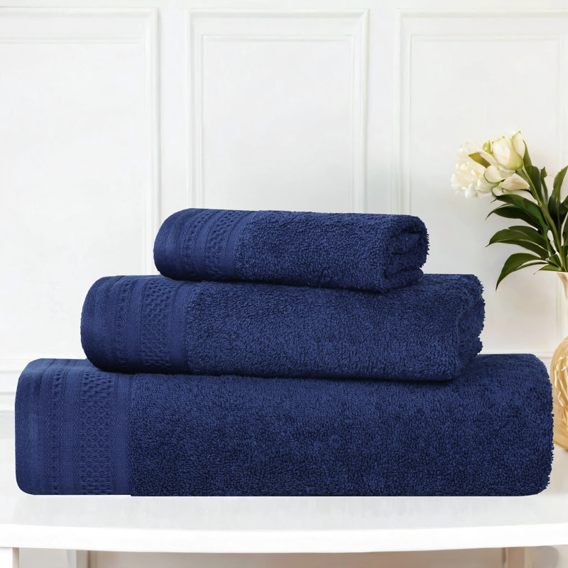 Honeycomb Textured Waffle Border Cotton Medium Weight 3 Piece Towel Set, Navy Peony