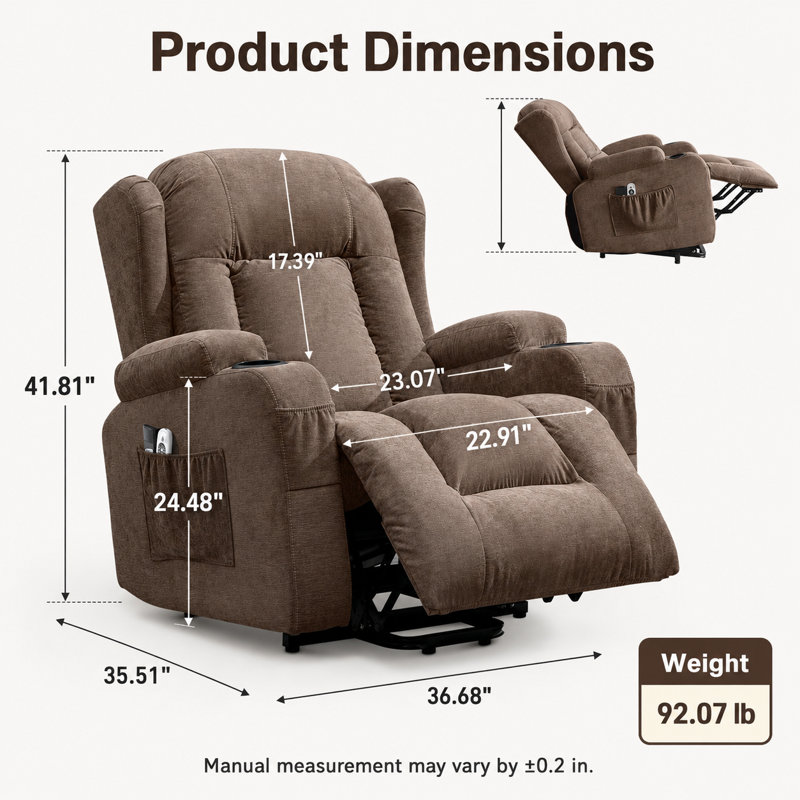 Fauteuil releveur électrique avec massage à 8 points et chauffage lombaire, brun, Brown