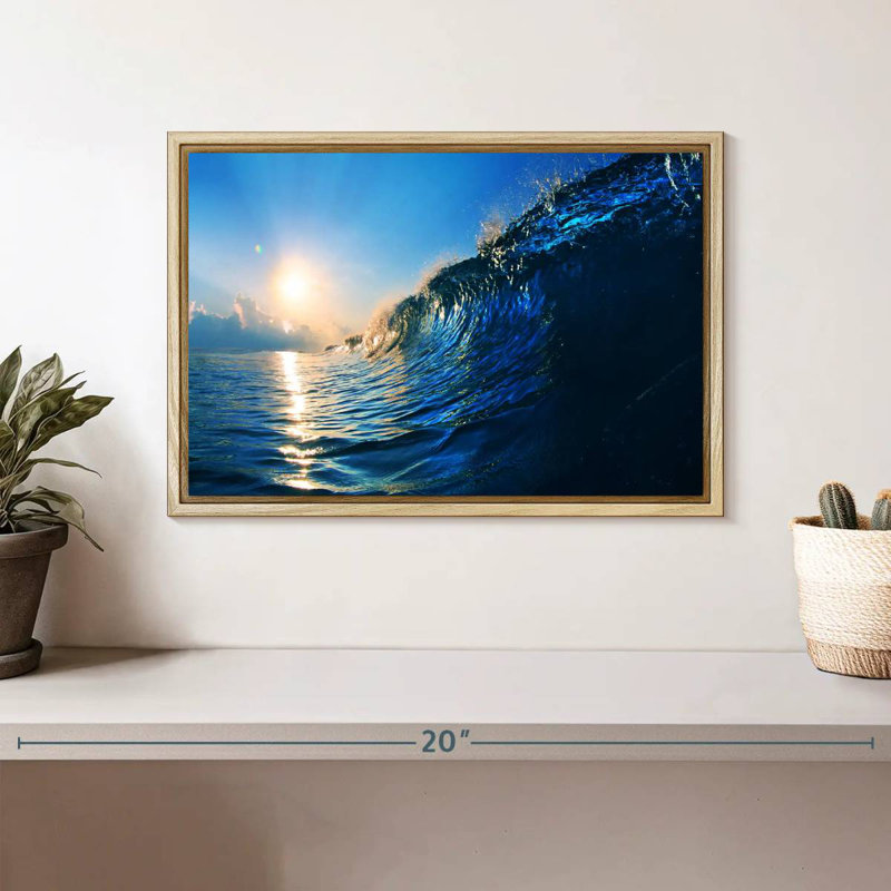 Blue Ocean Wave, Cadre flottant en bois naturel, 13 po x 9 po