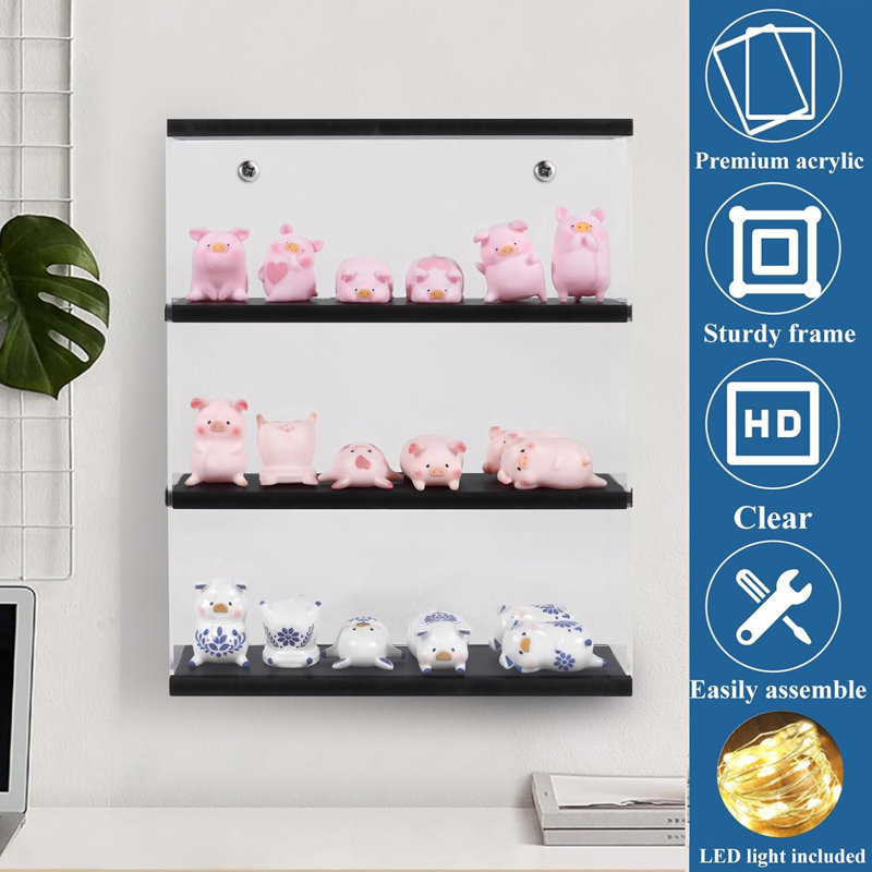 Acrylic Display Case Wall Mounted Funko POP Shelves, Clear Collectibles Showcase Display Cabinet With Sliding Door For Lego Figure Dustproof Hot Wheels Storage Box Black(11.8X3.3X14.8Inch)