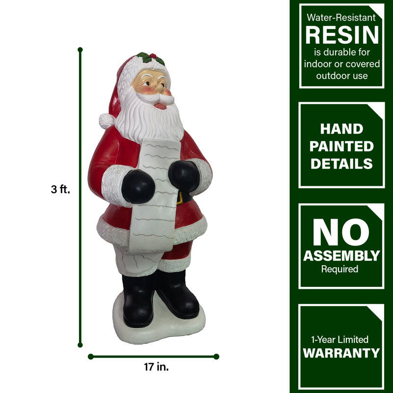 36-Inch Red and White Resin Santa Claus Statue with List
