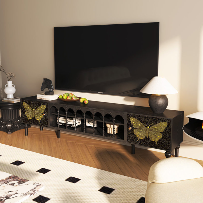 Meuble télé en bois massif avec tablette ouverte et pieds robustes, H 21,25 po x L 70,86 po x l 15,74 po