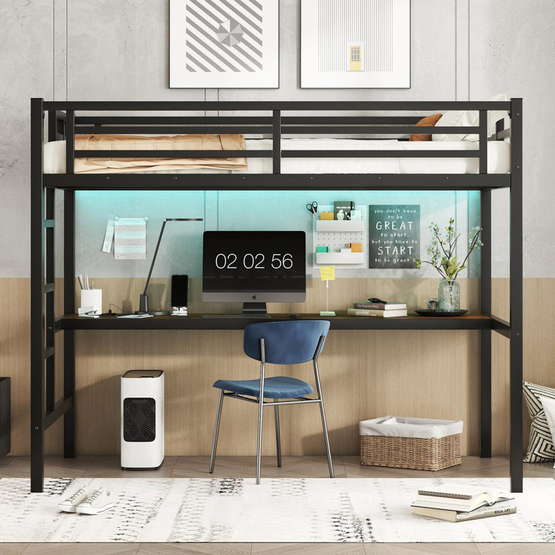 Metal Twin XL Size Loft Bed With Power Outlet And LED Lighted, Space-Saving, Noise Reduced, Black, Extra-Long Twin