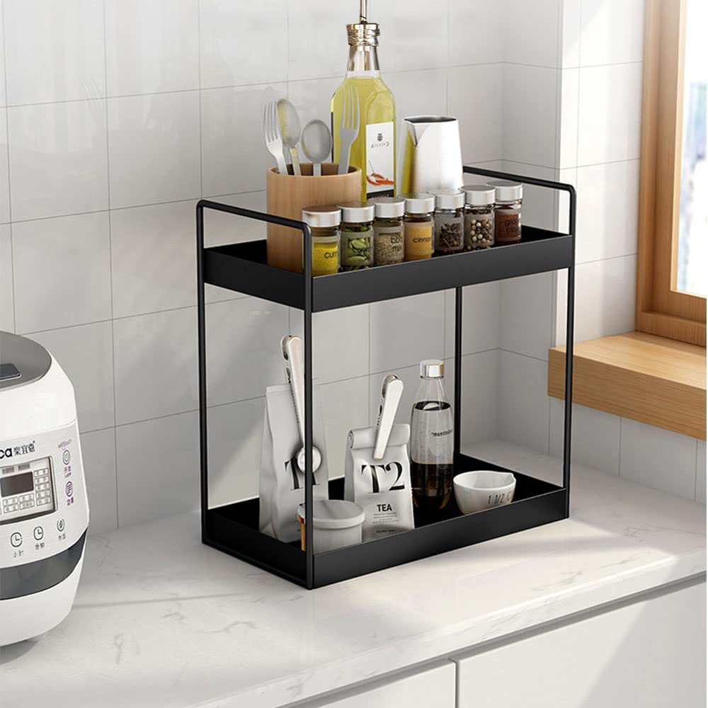 2-Tier Standing Rack, Bathroom Countertop Storage Shelf Cosmetic Organizer Holder Kitchen Spice Rack, Black Prep & Savour