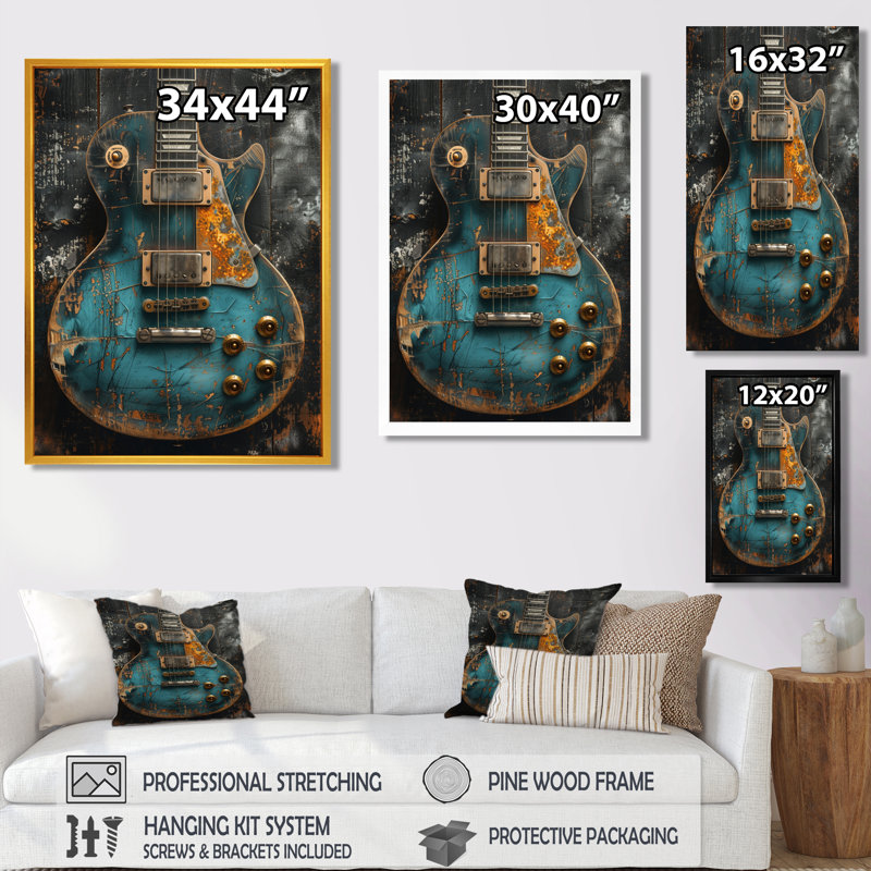  «Green Guitar Goddess Portrait - Music Jazz, reproduction d'art murale, Cadre flottant noir, bois massif