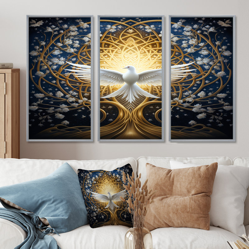 «Celestial Dove Bringing Peace» - ensemble d'art mural colombe, Encadrement argenté, H 32 po x l 48 po x P 1 po
