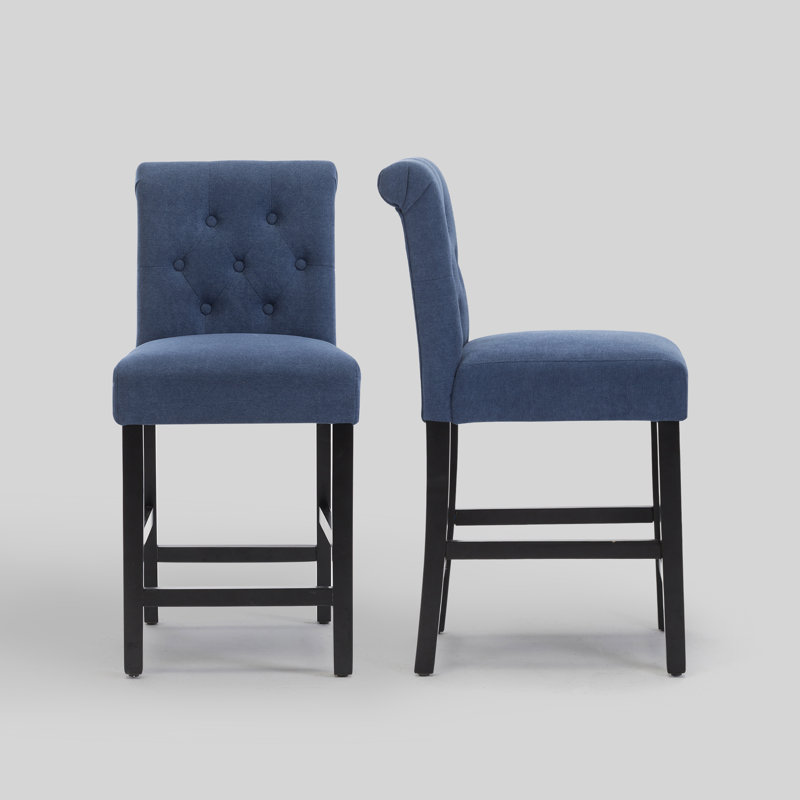 Tabouret de bar Burlison 25,25 po en bois recouvert de tissu avec dossier bas, ensemble de 2, Bleu / polyester