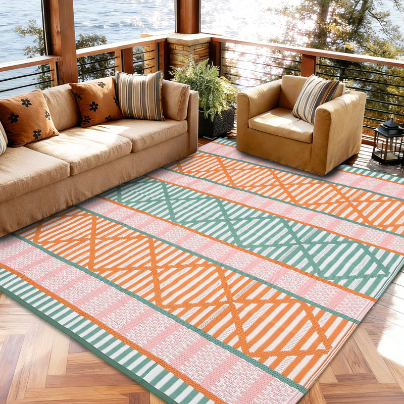 Waterproof Reversible Outdoor Rug for Patio, Camping & RV – Lightweight Plastic Straw Mat, Boho Geometric, UV Resistant, Easy Clean (Orange/Green/Pink/White, 8x10ft, US Spec)