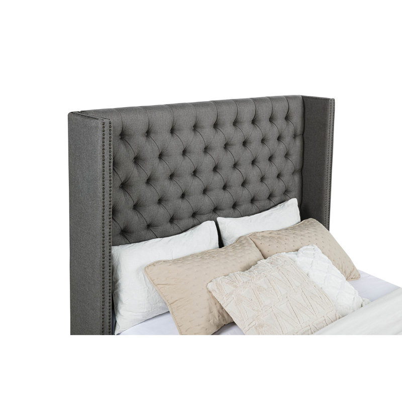 Lendra Grey Upholstered Eastern Wingback Bed, King