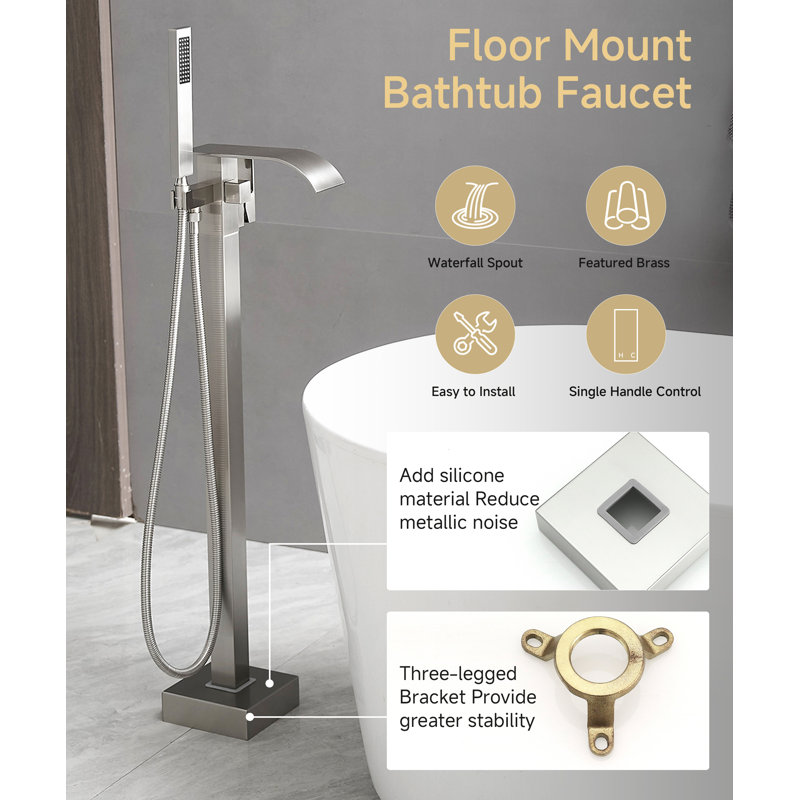 Single-Handle Freestanding Tub Faucet With Hand Shower Brass Waterfall Floor Mount Tub Filler In Brushed Nickel