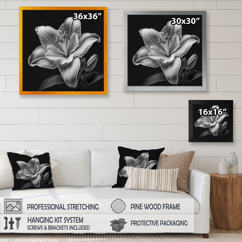 Orchidée blanche monochrome - photographie sur toile, Impression noire sur toile encadrée, H 16 po x l 16 po x P 1 po