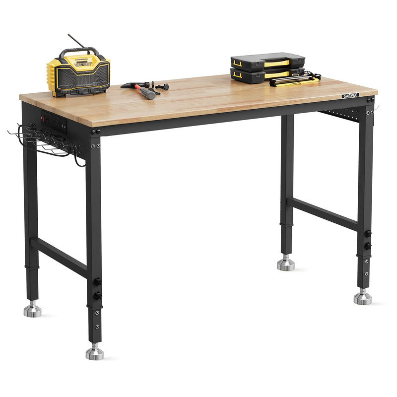 Établi à hauteur réglable 48 po x 24 po - capacité de 2 000 lb, plateau en bois d'hévéa massif, prises de courant et panneau perforé