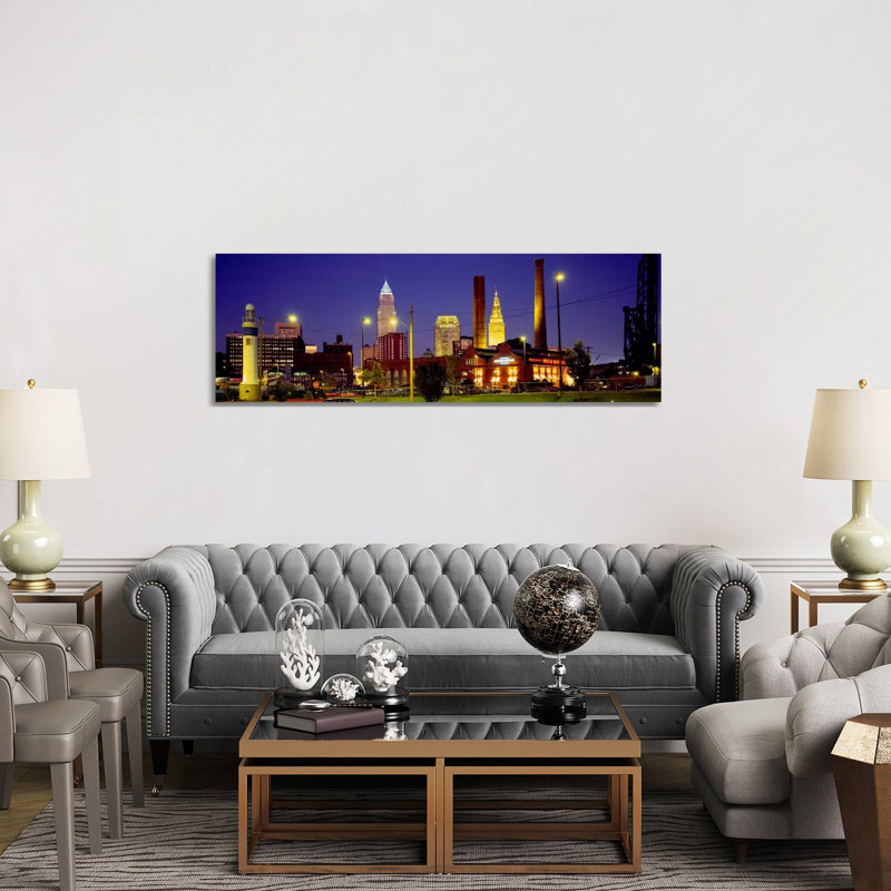 Buildings Lit Up At Night, Cleveland, Ohio, USA - Wrapped Canvas Panoramic Print, 152.4 cm H x 50.8 cm W x 3.175 cm D