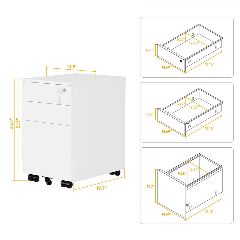 Darchell 14.8'' Wide 3 -Drawer Mobile File Cabinet, White