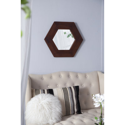 Miroir hexagonal 18,5 "x 18,5" avec cadre en bois massif, décoration murale pour le couloir de la salle de bain du salon, brun foncé