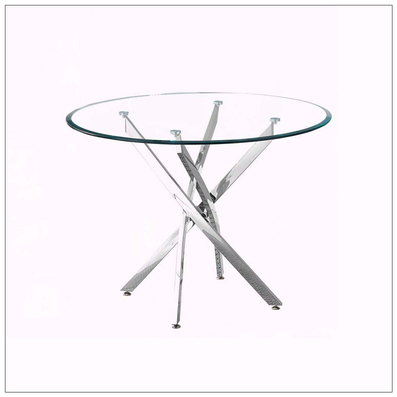 Table de salle à manger ronde en verre trempé transparent avec pieds en acier inoxydable, Argent